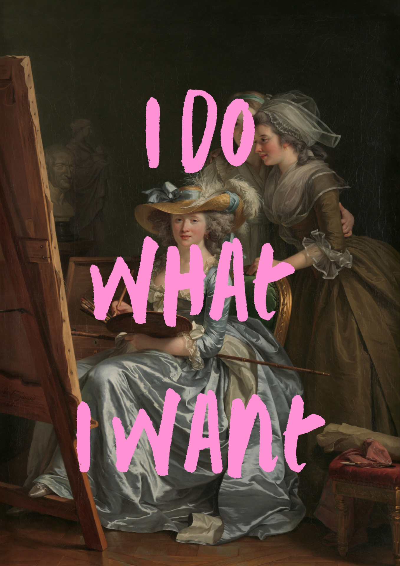 Poster mit historischer Illustration von Frauen und dem Schriftzug „I DO WHAT I WANT“ auf rosa Hintergrund. Symbol für weibliche Freiheit, Selbstbestimmung und Unabhängigkeit.