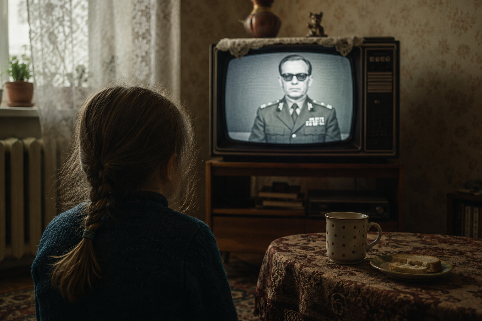 Ein Mädchen von hinten blickt auf einen alten Röhrenfernseher. Auf dem Bildschirm ist General Wojciech Jaruzelski zu sehen. Die Szene erinnert an Polen während des Kriegsrechts Anfang der 1980er Jahre.