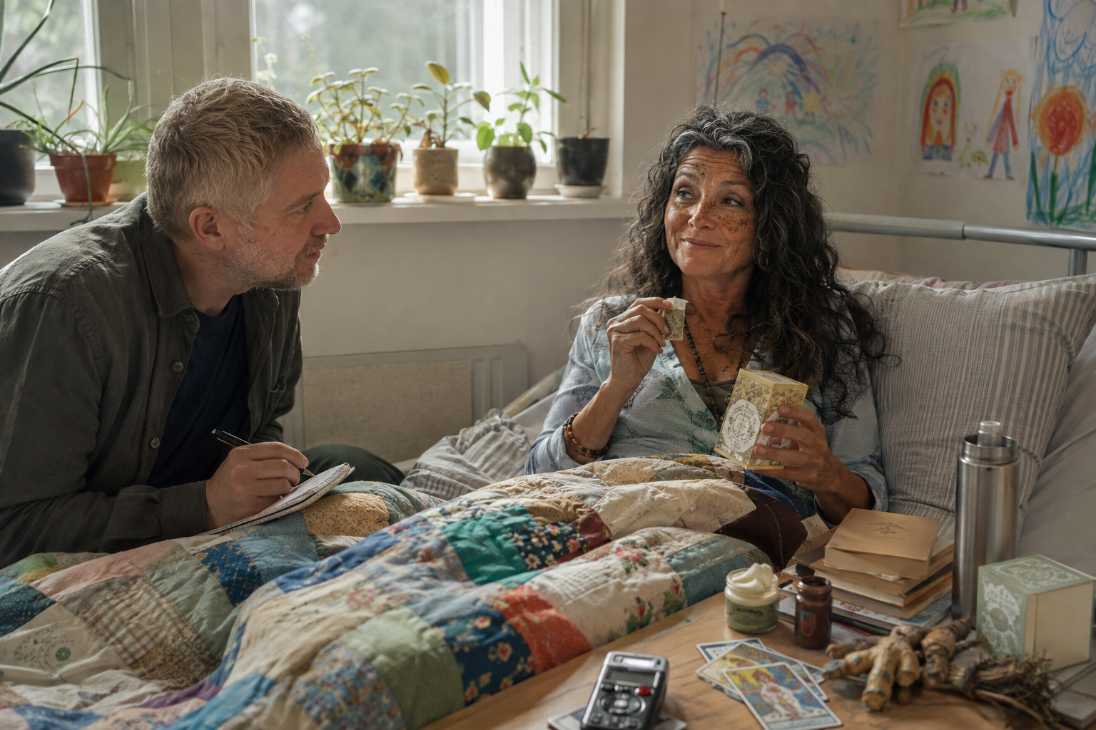 Jo sitzt mit einer Patchworkdecke im Krankenhausbett und hält einen Teebeutel in der Hand, während der Journalist Sławek sie interviewt. Auf dem Nachttisch liegen Tarotkarten, Bücher und ein Aufnahmegerät.