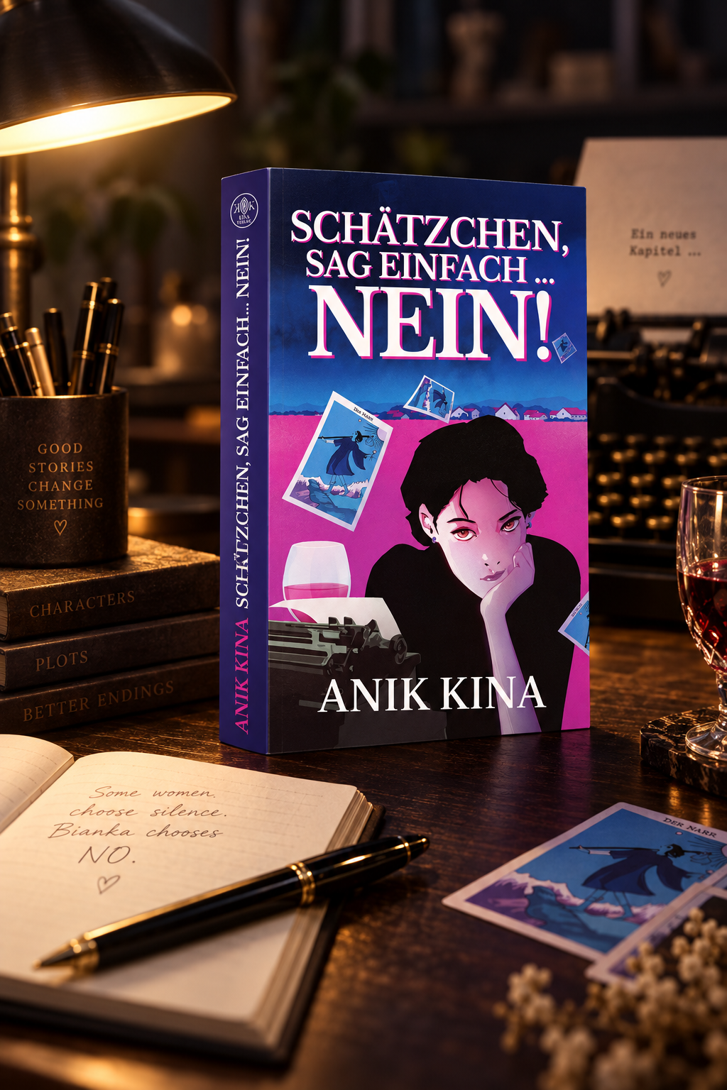 Buchcover mit Aufschrift „Schätzchen, sag einfach Nein!“ auf Tisch, umgeben von Kerzen, Notizbuch und Karten.