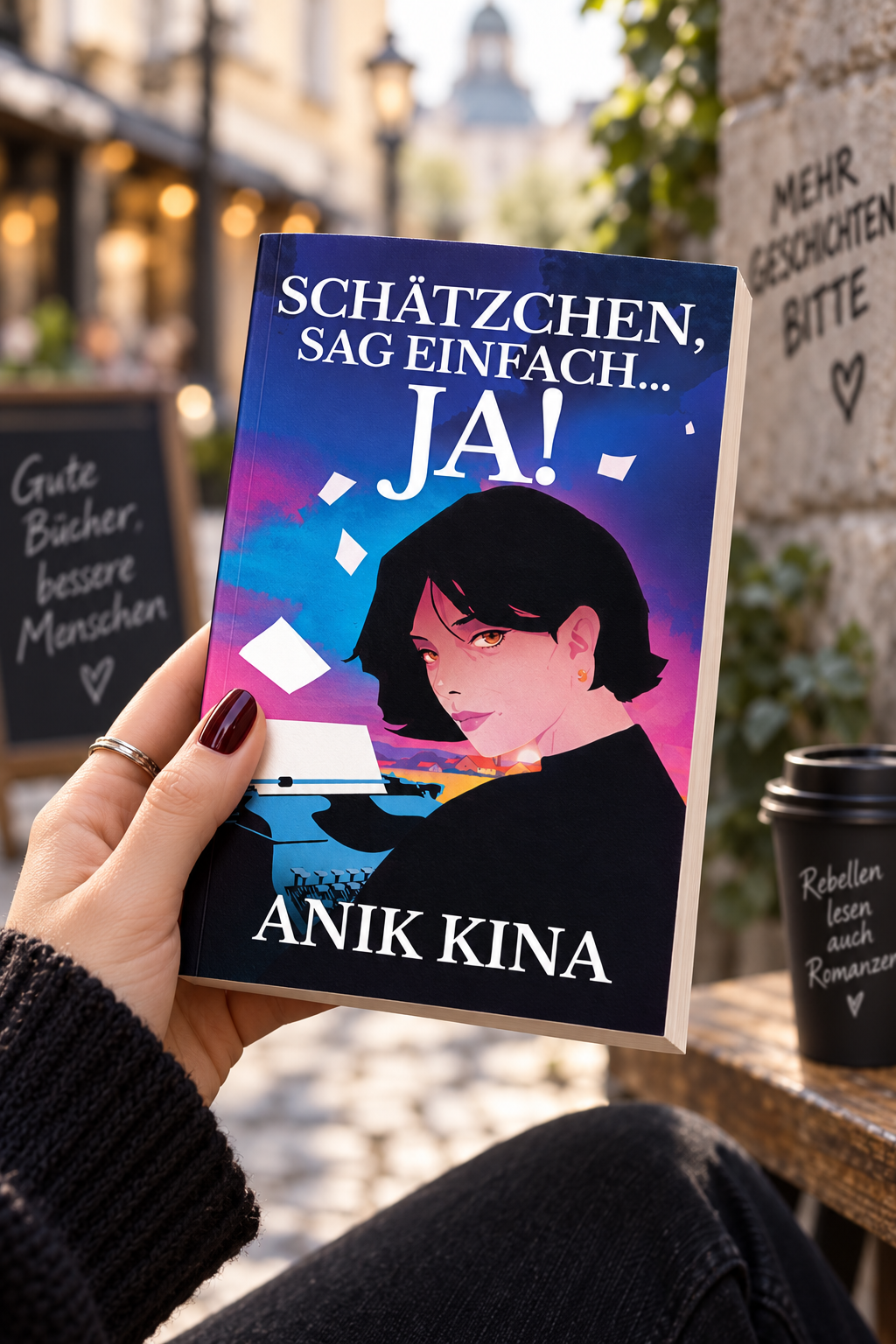 Hand hält ein Buch mit Aufschrift „Schätzchen, sag einfach… JA!“