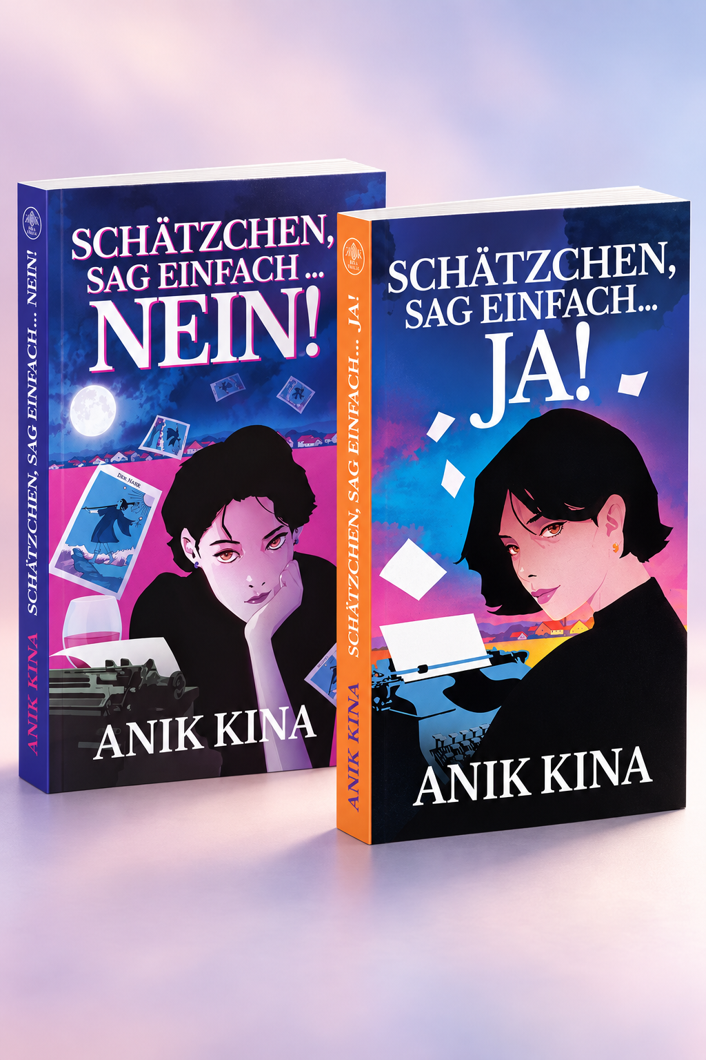 Cover der Romane „Schätzchen, sag einfach … NEIN!“ und „Schätzchen, sag einfach … JA!“ von Anik Kina vor einem rosa-violetten Hintergrund.
